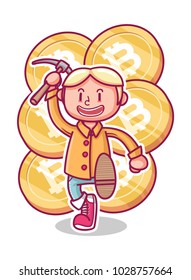 cute character holding pickaxe. bitcoin miner with character.