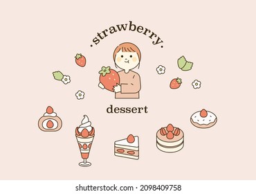 Cute Character Holding Strawberry And Strawberry Dessert. Outline Simple Vector Illustration.