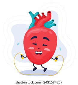 Personaje lindo Corazón humano saltando cuerda ilustración vectorial