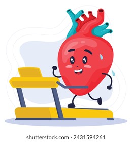Netter Charakter menschliches Herz laufen in Laufband Vektor-Illustration