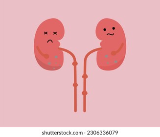 Cute character of human kidney in pink background. World kidney day. Cartoon kidney having stones disease. Kidney disease illustration