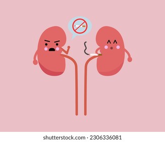 Cute character of human kidney in pink background. World kidney day. Cartoon character kidney smoking. Kidney warning to stop smoking.