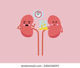 Cute character of human kidney in pink background. World kidney day. Cartoon character kidney eating chip and the other kidney give a warn to avoid salty food.