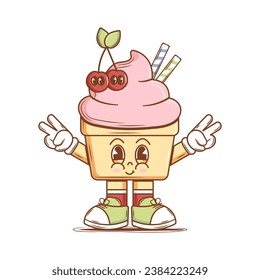 Cute Character Ice cream in groovy style. Isolated retro sticker on a transparent background for various purposes. Vintage vector illustration.