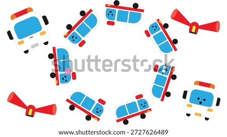 A cute character illustration of ambulances lined up in a circle.
