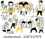 Cute character illustration of businessman in various poses and activities. Business concept in very busy, serious thinking, low battery, wind-up key in the back, hard working, super hero.