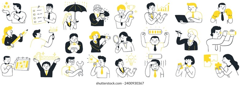 Cute character illustration of businesspeople with various objects and business concept. Outline, linear, thin line art, hand drawn sketch design, simple style.  