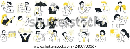 Cute character illustration of businesspeople with various objects and business concept. Outline, linear, thin line art, hand drawn sketch design, simple style.  