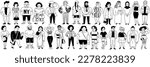 Cute character illustration of different people in various outfits, multinational, multiracial, multiculture, diversity. Outline, thin line art, hand drawn sketch, black and white ink style.  