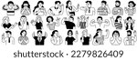 Cute character illustration of different people with various hand sign, gesture, emotions expression. Outline, thin line art, hand drawn sketch, black and white ink style. Big set. 
