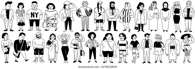 Cute character illustration of different people in various outfits, multinational, multiracial, multiculture, diversity. Outline, thin line art, hand drawn sketch, black and white ink style.  