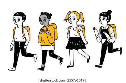 Cute character illustration of different people in various outfits, Outline, thin line art, hand drawn sketch, black and white ink style.