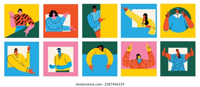 Cute character illustration of different people with various hand sign, gesture, emotions expression. Outline, thin line art, hand drawn sketch, black and white ink style. Big set.