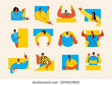 Cute character illustration of different people with various hand sign, gesture, emotions expression. Outline, thin line art, hand drawn sketch, black and white ink style. Big set.