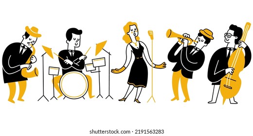 Cute character illustration doodle of jazz band, singer, drummer, saxophone, trumpet, bass. Outline, thin line art, hand drawn sketch design, simple style.