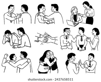 Cute character illustration doodle set of businesspeople giving consoling, encouragement, support, and help to each other. Outline, thin line art, hand drawn sketch.  