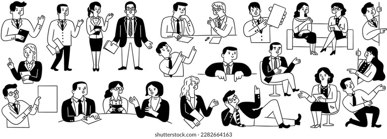 Cute character illustration doodle style of male and female business people, presenting, talking, pointing, discussing, television reporting. Outline, thin line art, black and white ink drawing style.