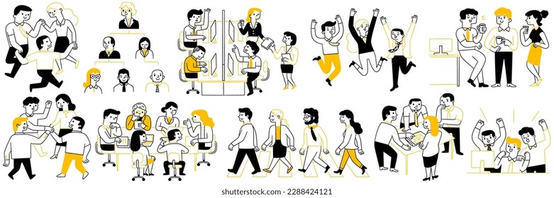 Cute character illustration doodle style set of business people in teamwork, member, group, organization, partnership, togetherness, corporate. Outline, linear, thin line art.  