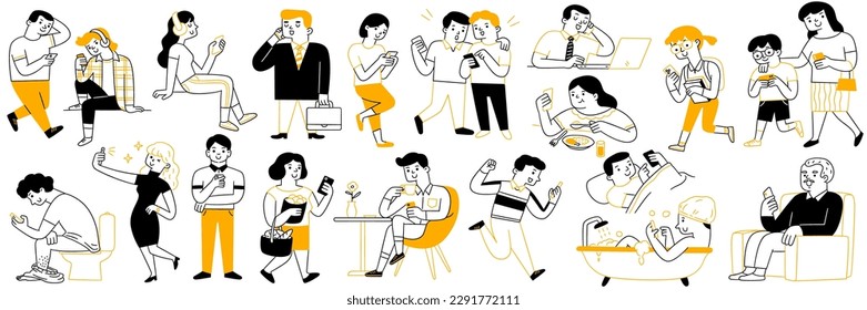 Cute character illustration doodle style of many people using smartphone in various activities, poses, ages, career. Outline, thin line art, hand drawn sketch design, simple style.