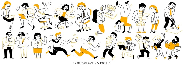 Cute character illustration doodle style of funny office person, happy employees at work, various activities, working, busy, celebrating, tired, different individuals. Outline, thin line art.