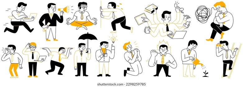 Cute character illustration doodle style of male office worker or businessman working, speaking, listening, pushing wall, holding burden, busy, thinking, worried. Outline, thin line art, hand drawn.