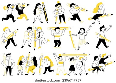 Cute character illustration doodle of various people holding big pencil. Outline, thin line art, hand drawn sketch design, simple style.