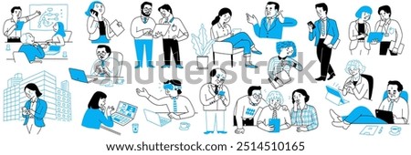 Cute character illustration doodles of business people using gadgets while working and communicating. Outline, thin line art, linear, hand drawn sketch design, simple style.