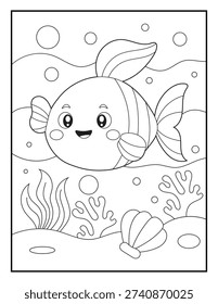 Cute Character Illustration of a Friendly Fish on an Underwater Ocean Adventure Coloring Page for Toddlers. Simple Bold Outline Sea Life Activity Sheet for Young Kids.