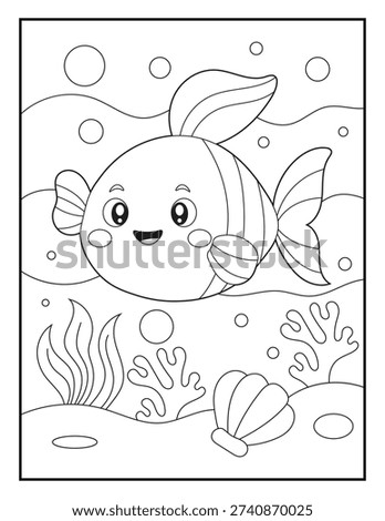 Cute Character Illustration of a Friendly Fish on an Underwater Ocean Adventure Coloring Page for Toddlers. Simple Bold Outline Sea Life Activity Sheet for Young Kids.