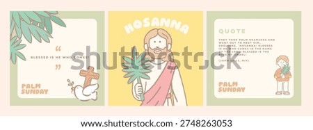 A cute character illustration of Jesus holding a megaphone and riding a donkey with a wooden cross and palm leaves. Designed in a soft and modern style for Palm Sunday and church social media content.