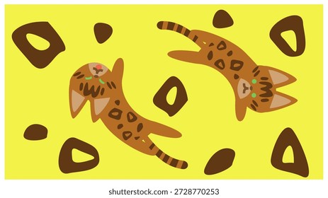 A cute character illustration of a leopard print cat spinning around.