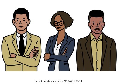 Cute character illustration of male and female african American business people, smiling with formal suit. Outline, thin line art, hand drawn sketch design.