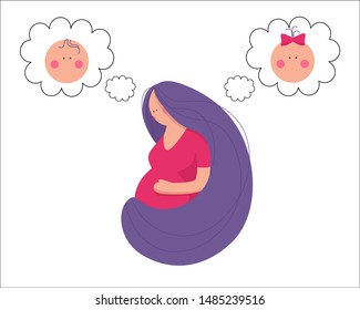 Cute character illustration of pregnant woman. Vector illustration of pretty girl expecting a baby holding hands on her belly and thinking boy or girl. Happy pregnancy and matreniry