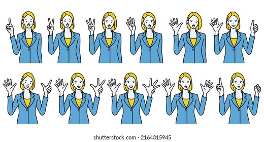 Cute character illustration of pretty business woman raising hand and showing fingers count number one, two, three, four, five, six, seven, eight, nine, ten, and one to zero. Outline, linear style. 