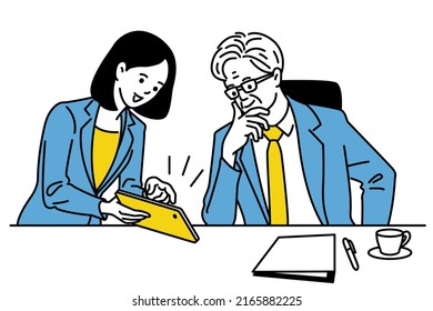 Cute character illustration of senior manager looking at digital tablet screen, with his young secretary pointing and presenting something. Outline, linear, thin line art, hand drawn sketch design. 