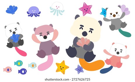 Un lindo conjunto de ilustración de personajes con nutrias marinas y sus amigos del mar.