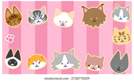 A cute character illustration set featuring a variety of cat faces.