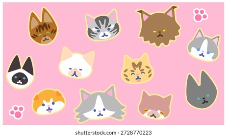 A cute character illustration set featuring various cat faces.