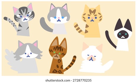 Um conjunto de ilustração de personagem bonito com vários gatos em poses de corpo inteiro.