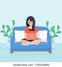 Cute character illustration sitting working with laptop on the sofa , Concept staying at home or work at home to protect yourself from coronavirus , vector