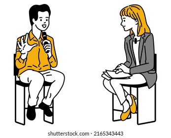 Cute character illustration of talk show conventions with woman as journalist or interviewer, and man guest, holding microphone doing public speaking. Outline, linear, thin line art, simple style.