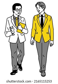 Cute character illustration of two young businessman walking together forward, chatting and discussing. Business concept in partnership, colleagues, corporation. Outline, linear, thin line art.
