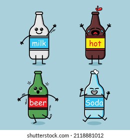 cute character illustration of various drink bottles