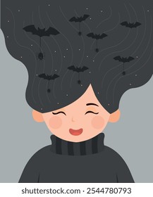 Cute Character Illustration with Woman, Girl at Long Hair, Bat Decorations, and Black Sweater