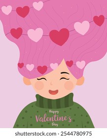 Cute Character Illustration with Woman, Girl at Long Hair, Love Decorations, and Happy Valentine's Day Sweater Pattern