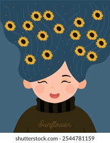 Cute Character Illustration with Woman, Girl at Long Hair, Sunflowers Decorations, and Sweater