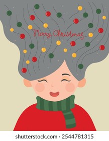 Cute Character Illustration with Woman, Girl at Long Hair, Ball Decorations, and Red Sweater,Scarf