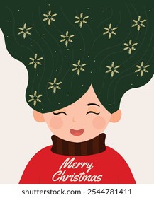 Cute Character Illustration with Woman, Girl at Long Hair, Snowflakes Decorations, and Merry Christmas Sweater Pattern