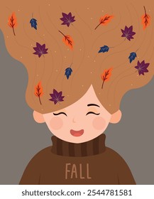 Cute Character Illustration with Woman, Girl at Long Hair, Leaves Decorations, and Sweater