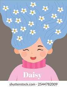 Cute Character Illustration with Woman, Girl at Long Hair, Daisy Decorations, and Pink Sweater